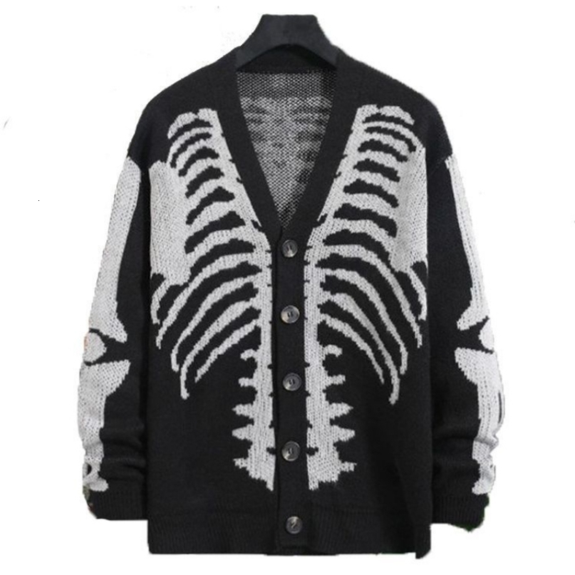 Harajuku Autumn Winter mens Halloween skull printed long sleeve cardigan V-neck button down coat y2k vintage Sweater Ins 240813