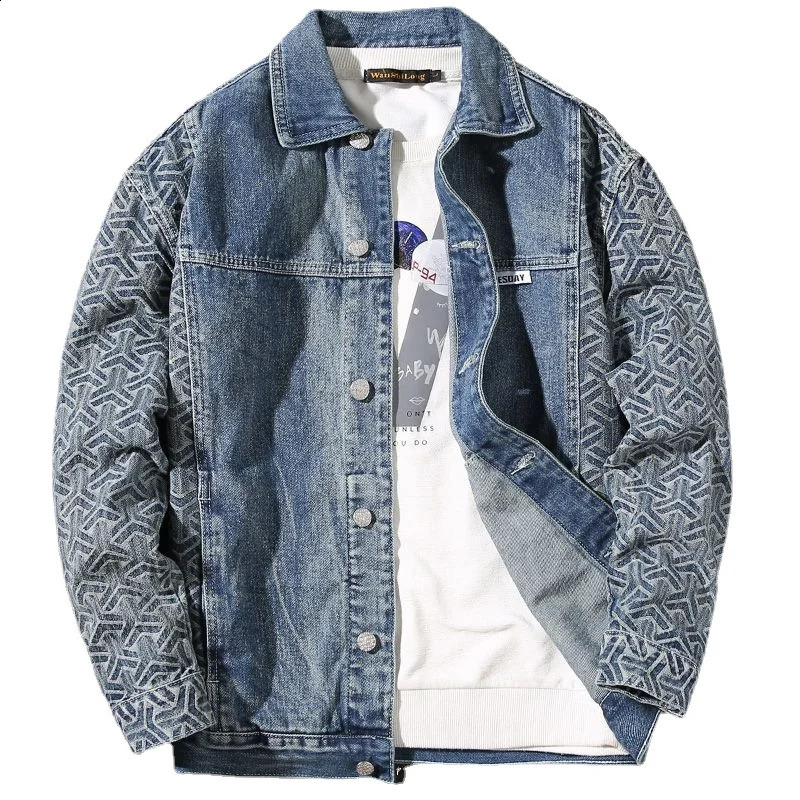 Mens Jean Coats Splicing Geometry Autumn Mens Denim Jacket Blue Wide Shoulder Clothing G Korean Original Low Price Fabric5