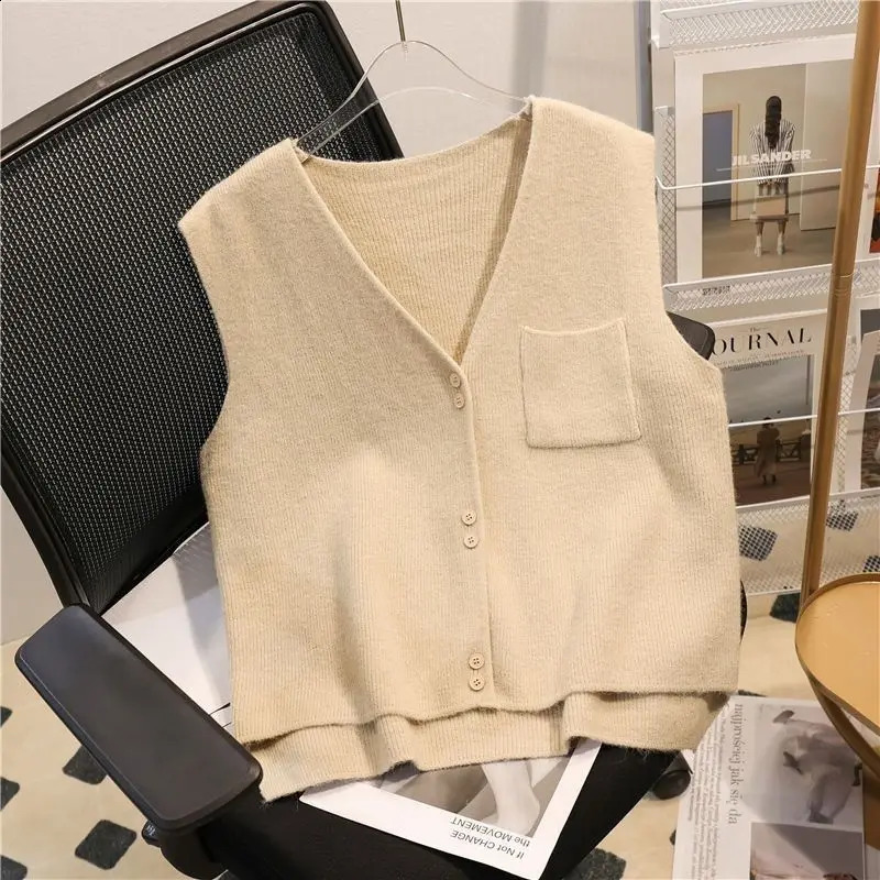 Vêtements pour femmes Spring Automne Bouton sans manches Cardigan Poches Pulllate en tricot Coupe décontractée Couches de mode Fil