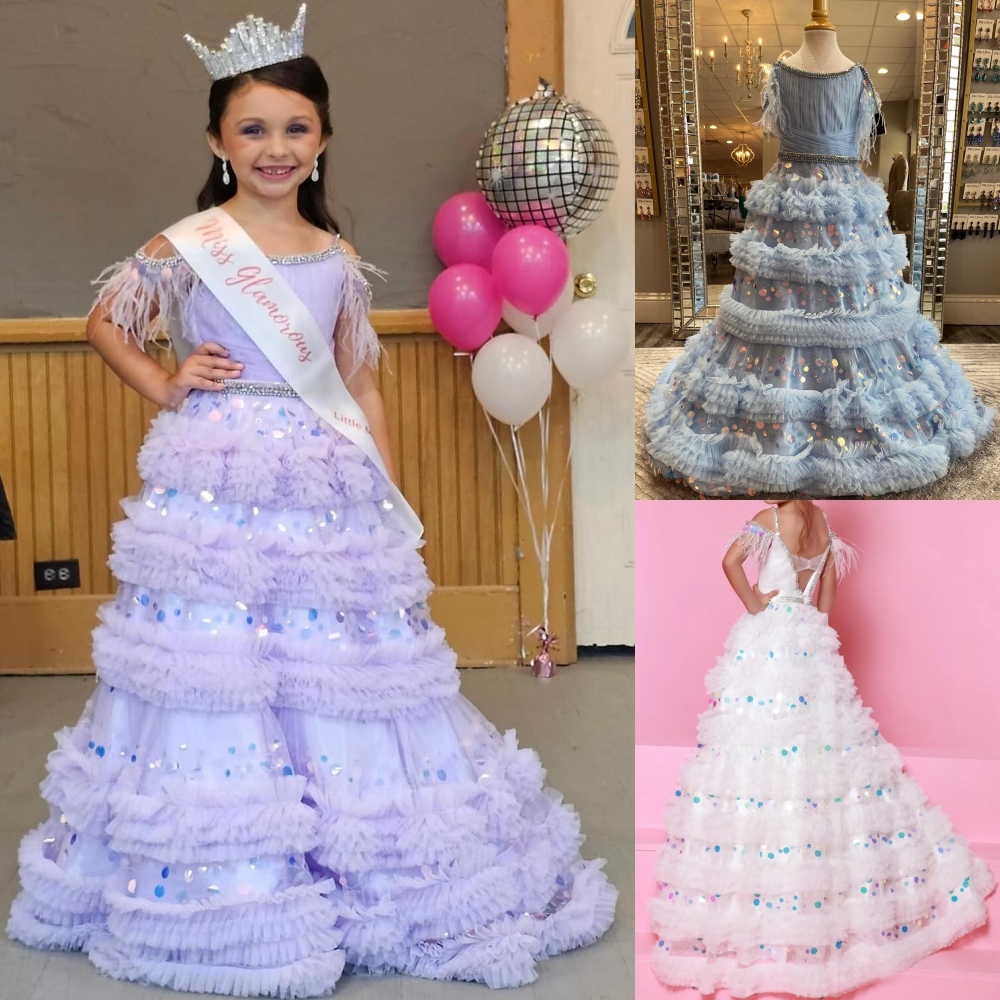 Robe de concours de beauté fille lilas, plumes, volants, paillettes, préadolescent, anniversaire, robe de soirée cocktail formelle, tout-petit, a