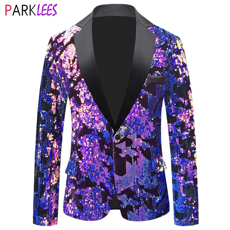 Sparkling sequin velvet suit jacket mens one button slim fit dress jacket mens wedding groom party stage ball jacket mens 240814