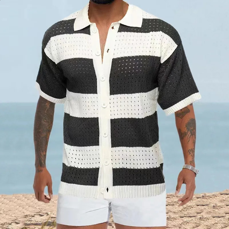 Mens short sleeved knitted polo shirt with retro patch work colored knitted cardigan button top hollow T-shirt mens clothing 240814