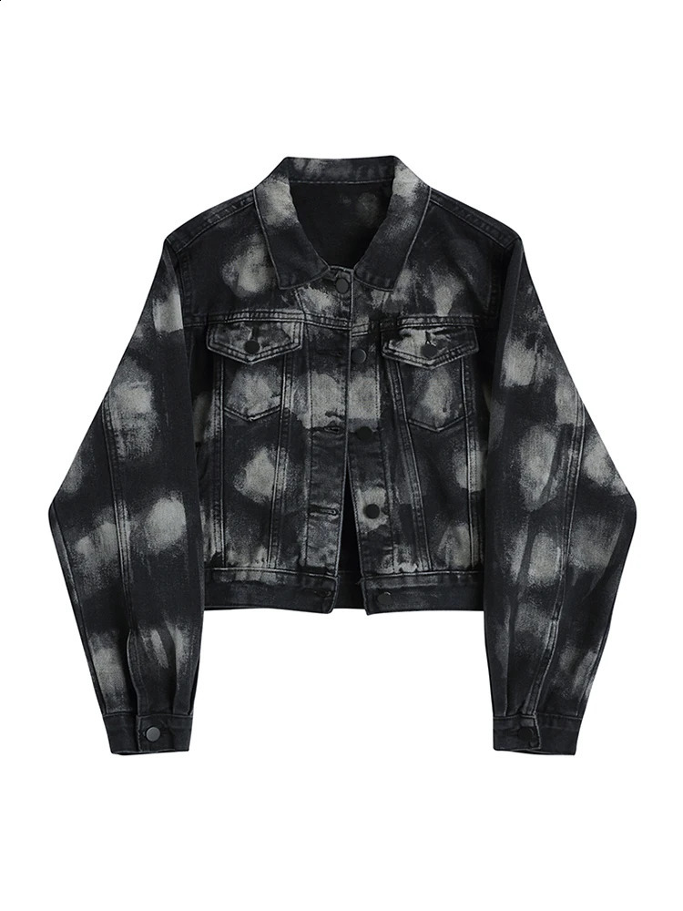 Autumn Winter American Retro Womens Cowboy Tie Dye Crop Jacket Dark Academic Cowboy Coat Y2k Japanese Garbage Punk Gothic 240813