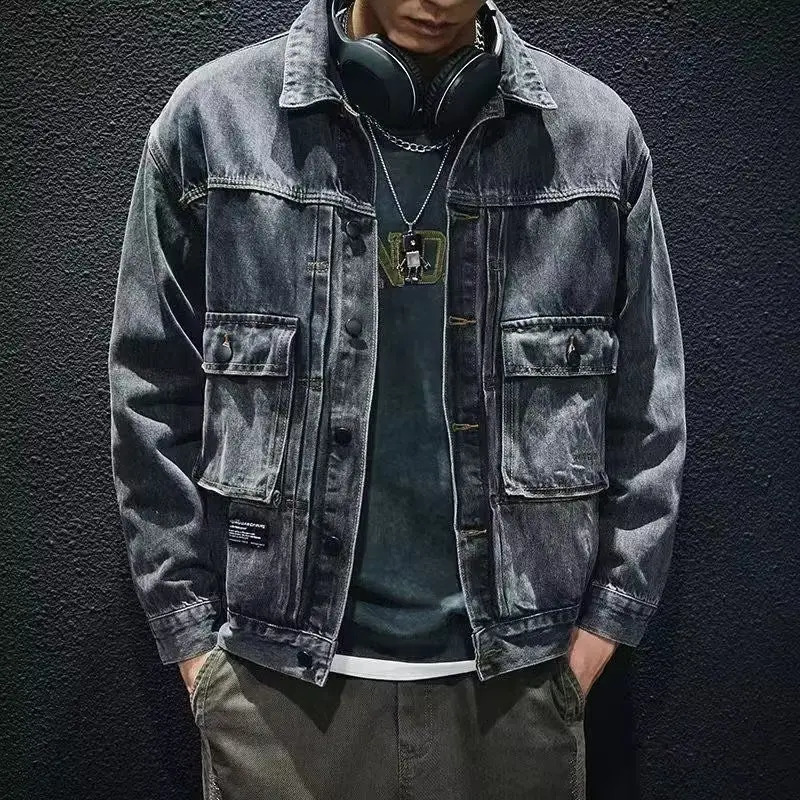 High quality mens denim jacket pocket decorated fashionable jacket jacket fashionable retro style loose fitting denim top;240813