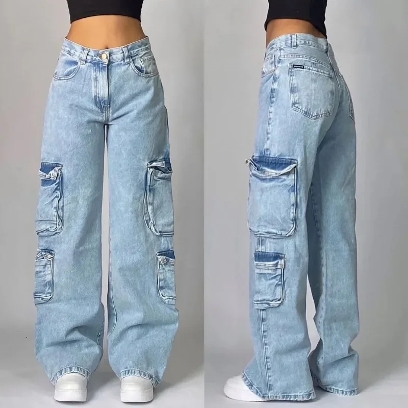 Y2K American Street Clothing Multi Pocket Loose Jeans Mens and Womens Street Fashion High Waist Casual Edition Jeans240813