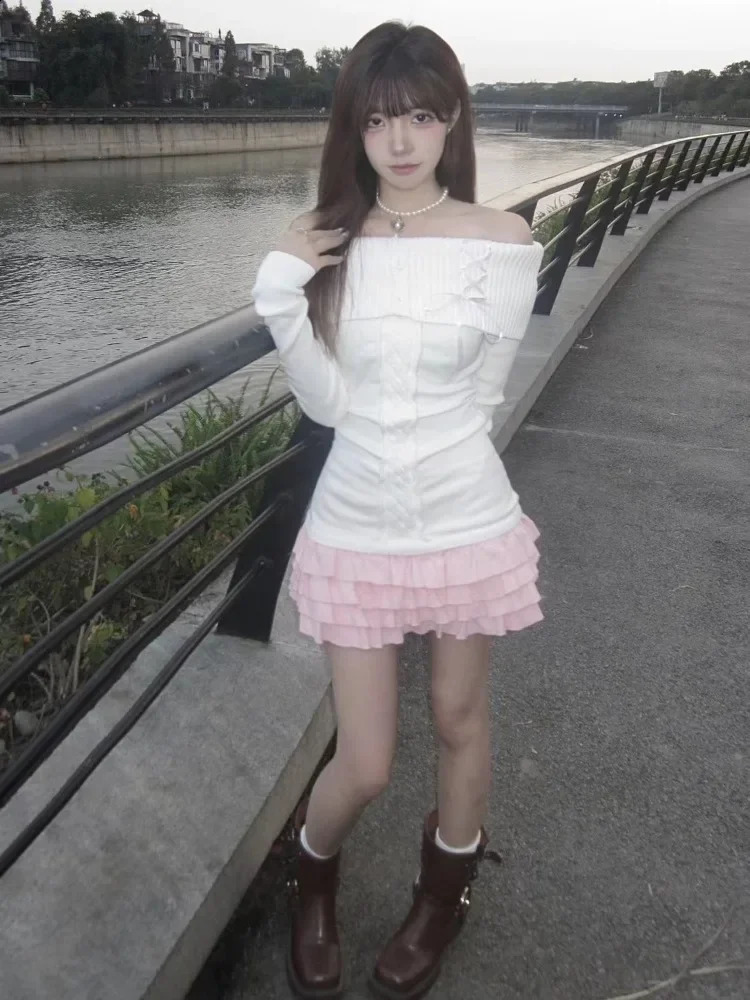 HOUZHOU Vintage Elegant Streetwear Knitted Pullovers Women Korean Fashion Sexy Bow Bandage Slash Neck Slim Sweater Solid Chic 240813
