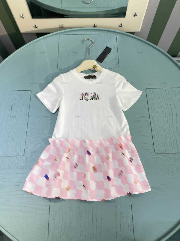 Brand baby skirt Pink checkered skirt hem Princess dress Size 100-160 CM kids designer clothes summer Short sleeved girls partydress-image-1012382683