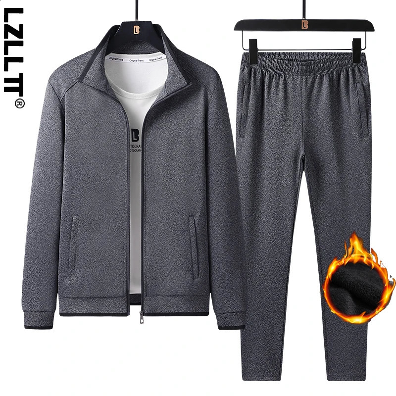 Winter mens casual wool sportswear 2-piece track suit mens sportswear running outdoor set mens jogging pants jacket set 7XL240813