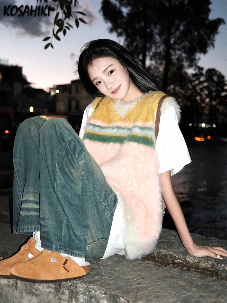Pull sans manches gilet décontracté vintage en V Pilluches à col en V Y2K Femme Aesthée Streetwear GRUNG RAINBOW TIFFICATION STRIFICATION