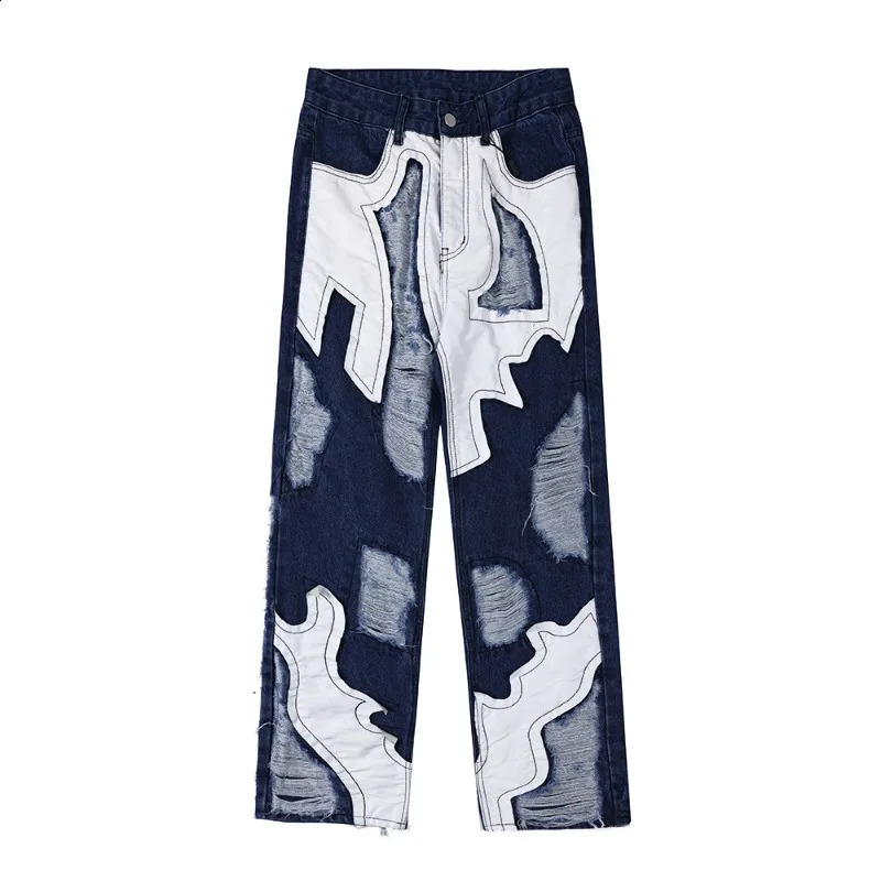 Patch noir hip hop pantalon à jambe droite déchirée en bleu lavé lavé détruit homme streetwear brossé denim 240814