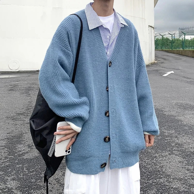 Autumn/Winter Mens Sweater V-neck Knitted Open Woolen Sweater Trendy Hong Kong Style Loose Suitable for Student Casual Jacket 240814