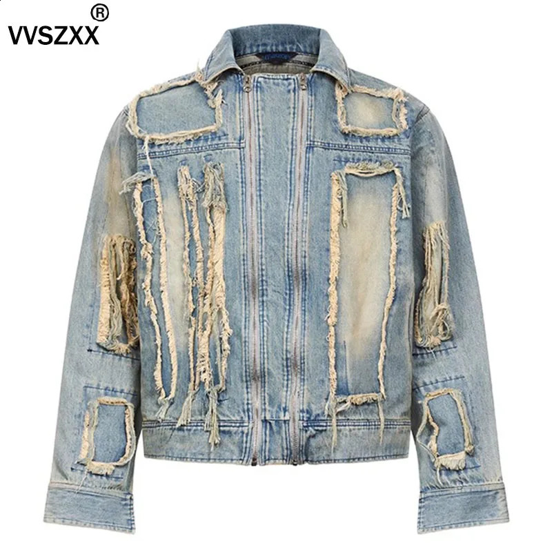 Retro Distressed Ripped Zipper Denim Jacket Mens and Womens Street Clothing Hip Hop Loose Casual Jeans Jacket240813