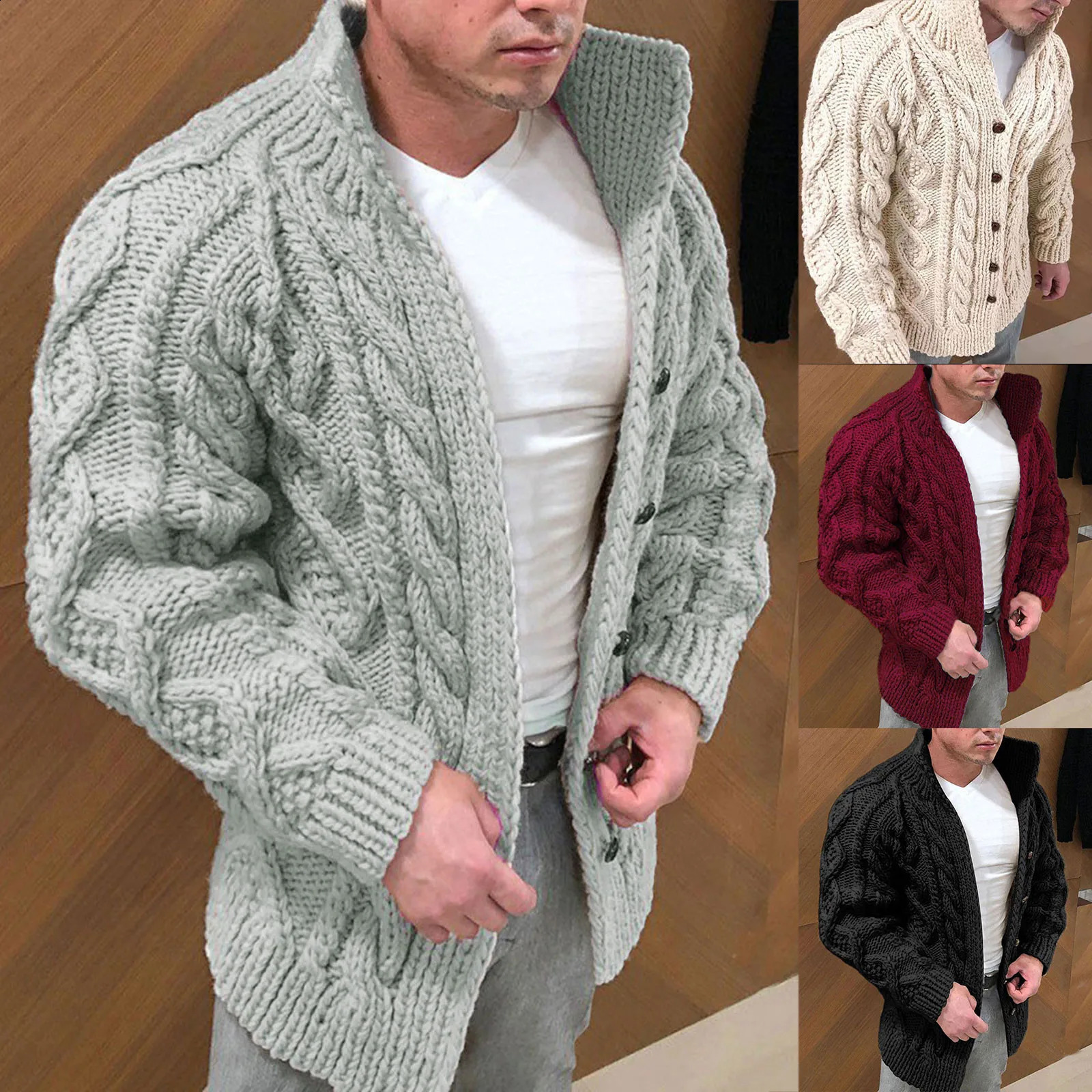 Mâle d'automne et d'hiver Cardigan bouton de cardigan couleur solide manche longue debout jacquard trenchs mignons décontractés pour hommes 24081