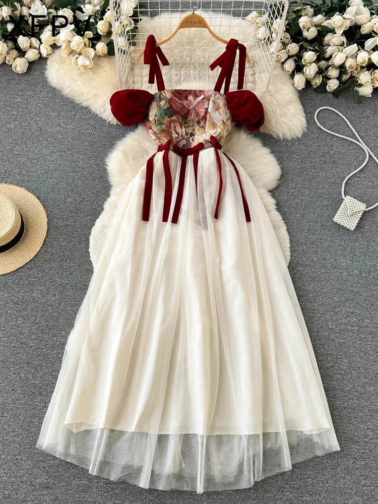 XFPV Womens Retro Embroidered Patch High Waist Mesh A-line Dress Strapless Sleeveless Vest Spring/Summer 2024 SM10088 240814
