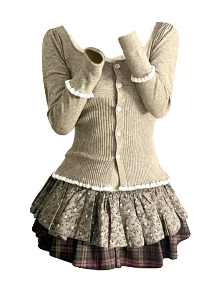 Autumn Winter Woman Korean Fashion Long Sleeve Cardigan Tops 90s Vintage Sweaters Mori Girl Square Collar Lace Spliced Knitwears 240813