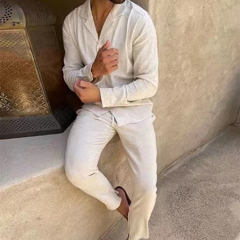 Spring Autumn Fashion Men Casual Sports Suit 100 Cotton Solid Lapel Long Sleeve Shirt And Trousers Twopiece Set Male Outfits y240813