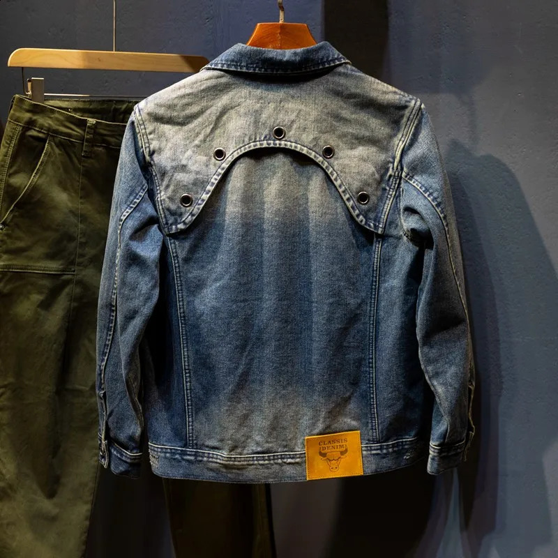 2024 Retro Distressed Motorcycle Denim Jacket Mens Fashion Polo Collar Splicing Scraper Long Sleeve Nostalgic Jacket Mens240813