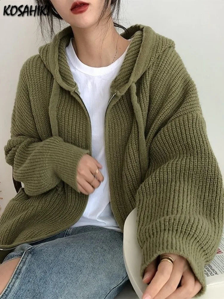 Femmes à fermeture éclair double y2k tricots d'automne dames streetwear veste pull manteau grunge vintage lâche cardigans à capuche solide damski