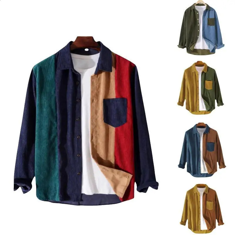 Autumn Goods Coral Mens Long Sleeve Casual Splicing Button Mens Shirt High Quality Shirt 240814