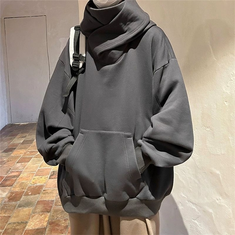 High Neck Hoodies for Men Clothing Autumn Winter Sweatshirt Casual Streetwear with Face Blocking Hip Hop Sweatshirts y240813