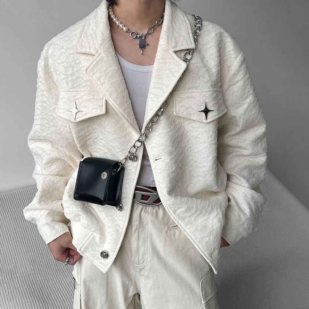 Mens Harajuku Loose Metal Decorated Y2k Short Jacket Autumn Winter Genderless Retro Casual Trendy Street Texture Unisex 240813