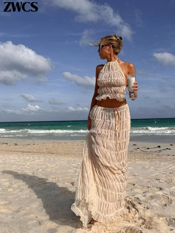 Crop tops plissés à jupe longue costume femmes lictes sans manches jupes sans dos de dos pour les dames d'été sexy