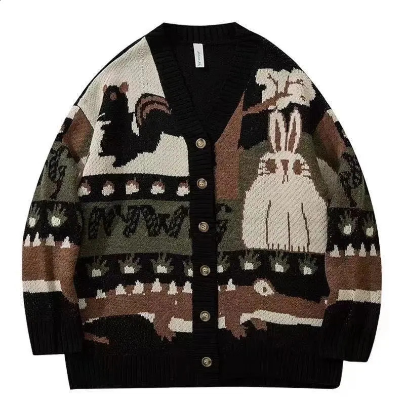 BOLUBAO vintage cardigan mens Pullover hip-hop streetwear loose knit fabric Harajuku cartoon knit sweater mens 240930