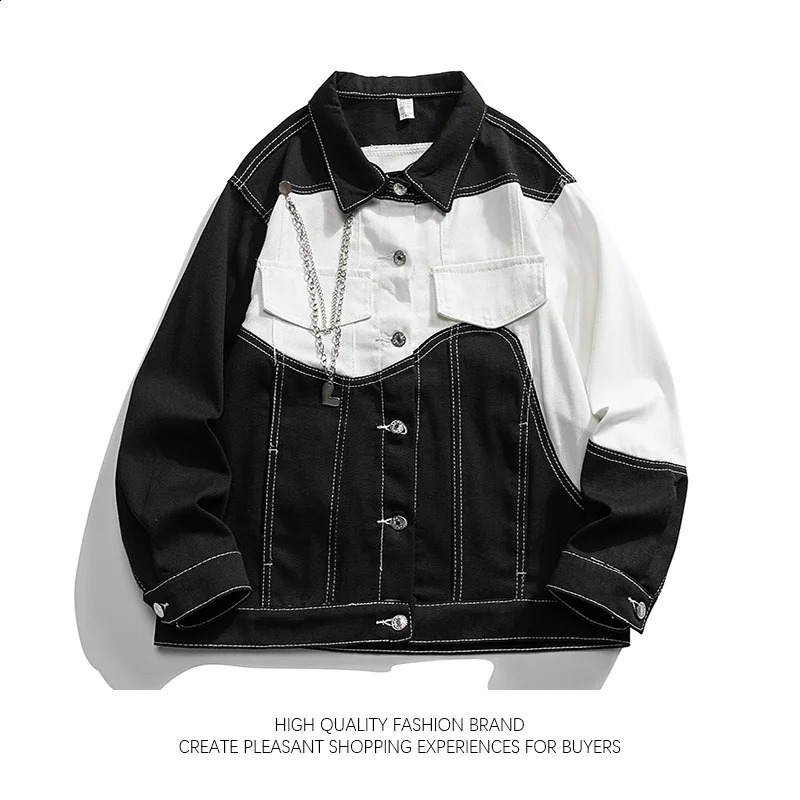 Color blocked denim jacket autumn and winter black and white collar denim jacket mens personalized street motorcycle freight jacket240813