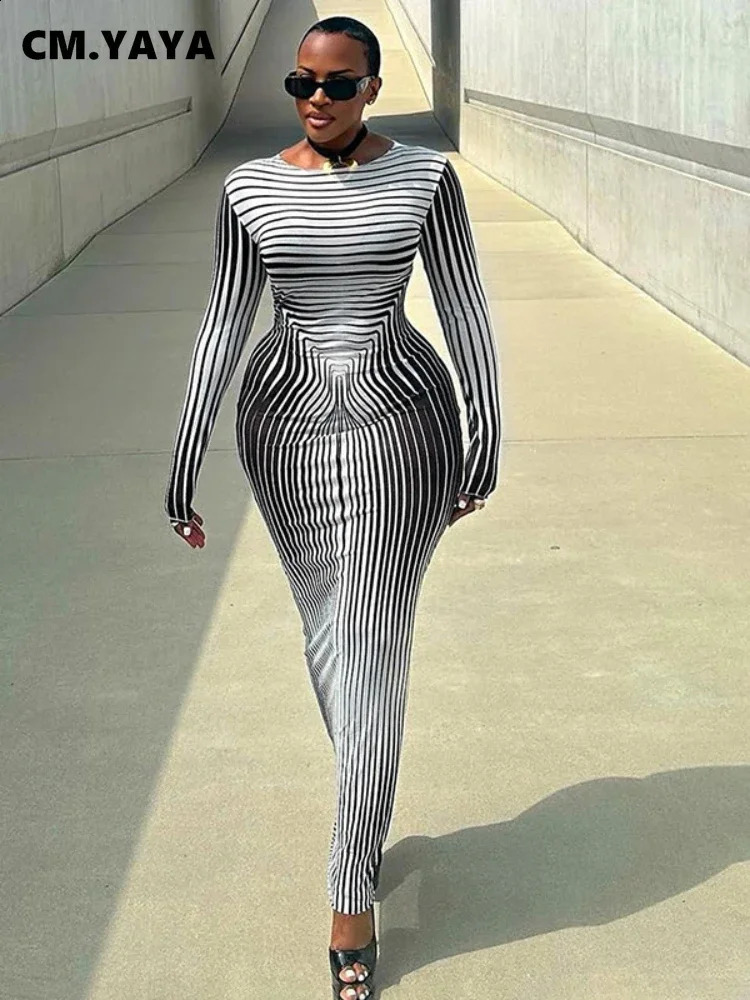 Cm.yaya femmes à manches longues O-cou à rayures 3D corpored bodycon midi maxi robe sexy clubwear soirée de fête vestidos 240814