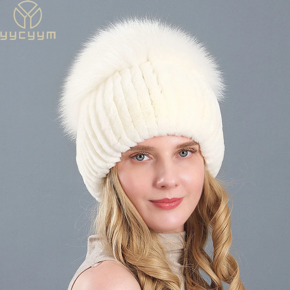 Women Winter Real Rex Rabbit Fur Hat Knitted Rex Rabbit Fur Hat Top Natural Fox Fur Cap Genuine Fox Fur Beanies Hat 240813