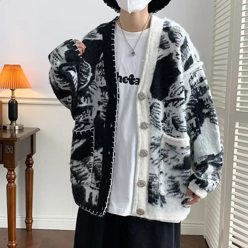 2023 Men Autumn Winter Retro Loose Knitted Jackets Male Vneck Print Sweater Coats Long Sleeve Cardigan Outerwear L216 240813