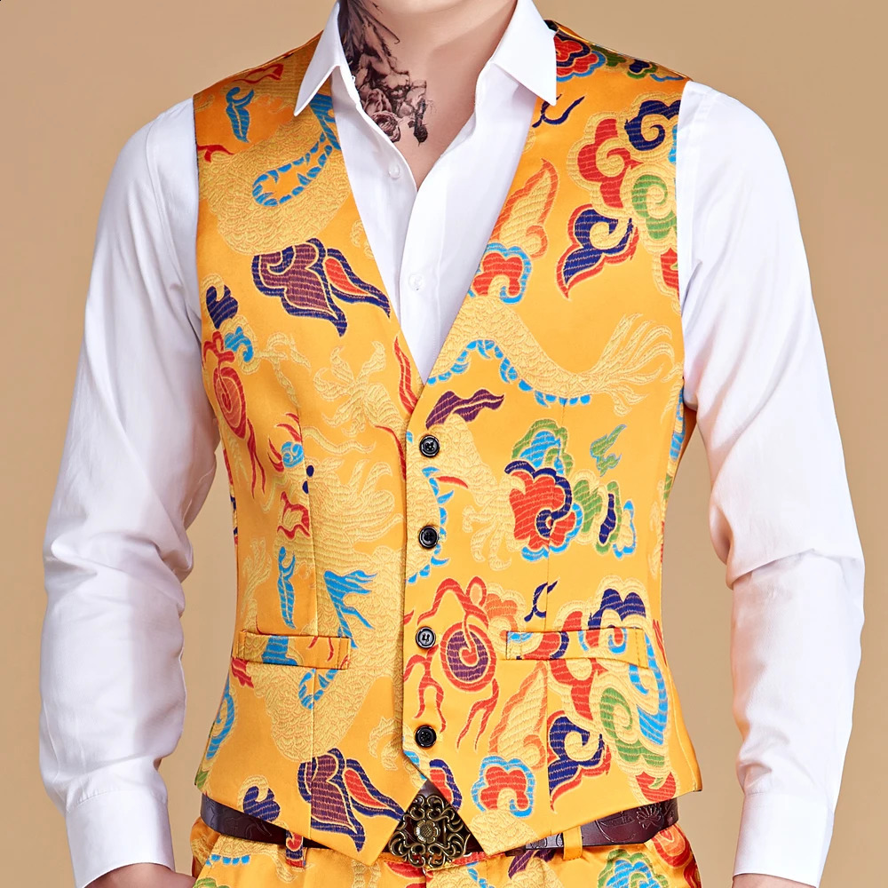 Mens Printing Suit Vest Fashion Casual High Quality Single Breasted Slim Large Size Business Vest Waistcoat Man 240813