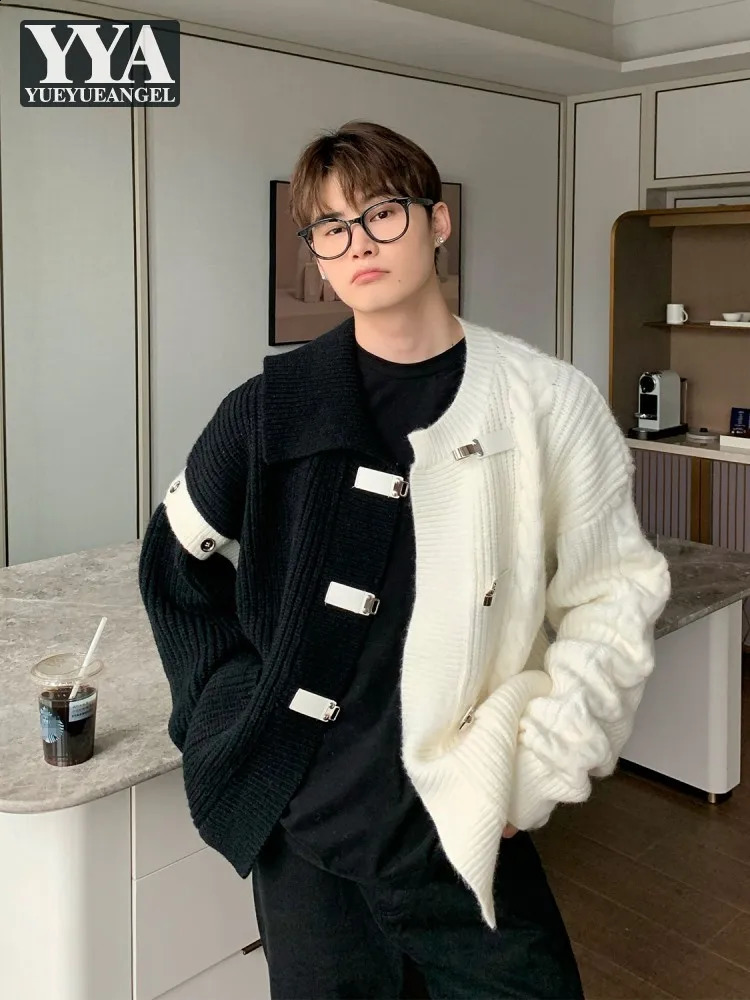 Autumn Mens Irregular Mixed Color Loose Fit Sweater Open Collar Single Chest Knitted Jacket Casual Street Wear 240814