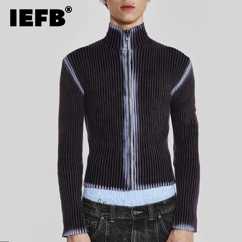 IEFB Mens Sweater Male Knits Tie-dye High Street Sleeveless Pullovers Turtleneck Top Zipper Cardigan Autumn Winter 9C3482 240813
