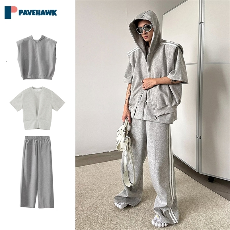 Mens casual sports 3-piece set summer striped shoulder pad sleeveless vest wide leg pants 2-piece set high street short sleeved set240813