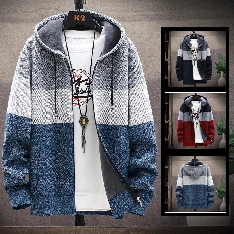 Mens Hooded Jumper Fleece Sweater Winter Jackets Cardigan Wool Autumn Warm Zip Up Jacket Male Clothing Japan Knitwear Coat 240813