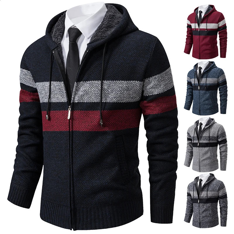 Autumn and Winter Striped Hooded Sweater Mens Coat with Velvet Padded Warm Knit Cardigan 240813