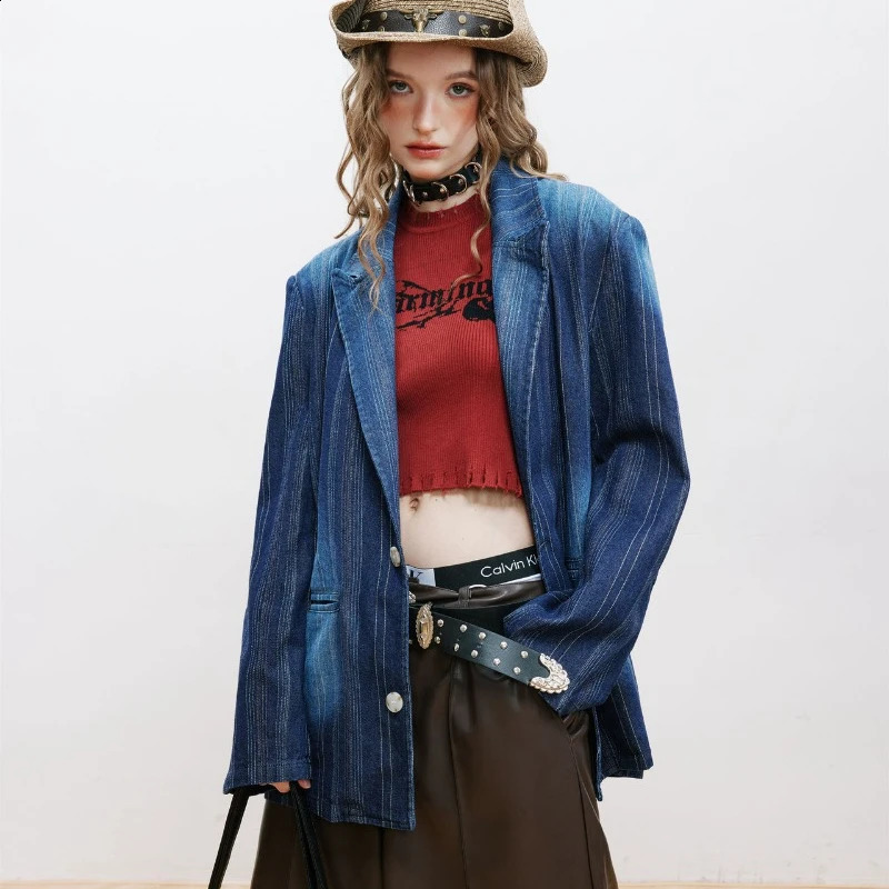 Casual suit denim jacket womens 2024 autumn loose fashion jacket premium striped gradient spring blue top240813