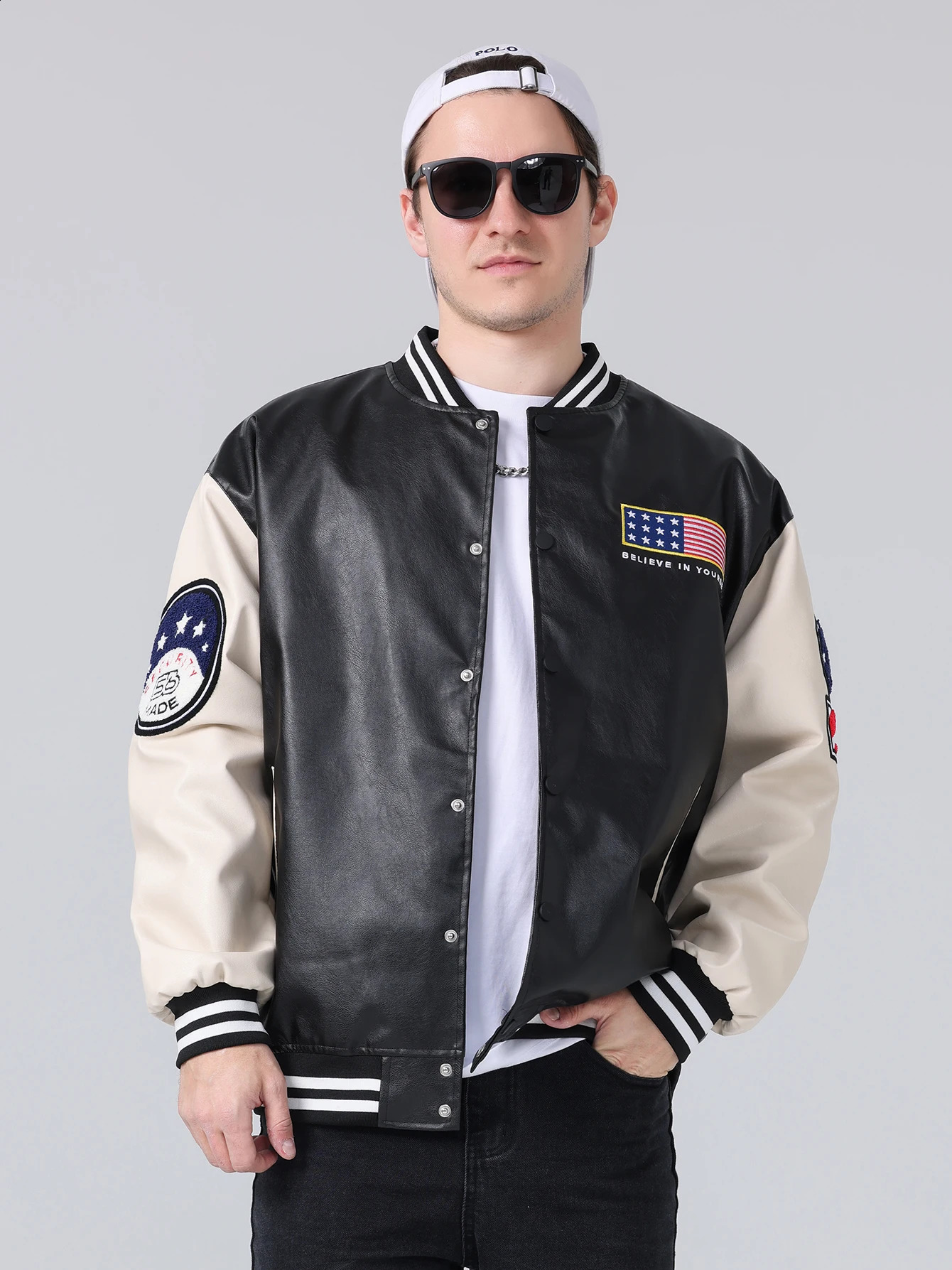 Mens PU leather school team jacket loose casual patchwork jacket retro American flag embroidered Letterman jacket autumn and winter240813
