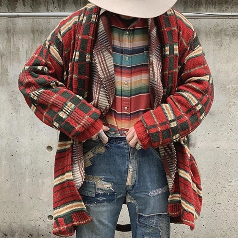 Autumn and Winter Mens Fashion Europe The United States Plaid Knit Cardigan Long Casual Loose Large Size Sweater Coat Men 240813