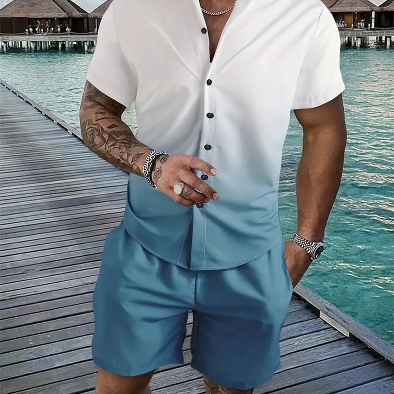 Shorts de chemise à revers pour hommes Ensemble de gradient d'impression d'été bouton décontracté.