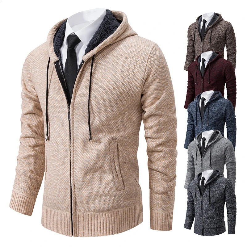 Mens Fashion Solid Color Hooded Pullover Sweater Cardigan Autumn Winter Fleece Thick Warm Coat Casual Sports 240813