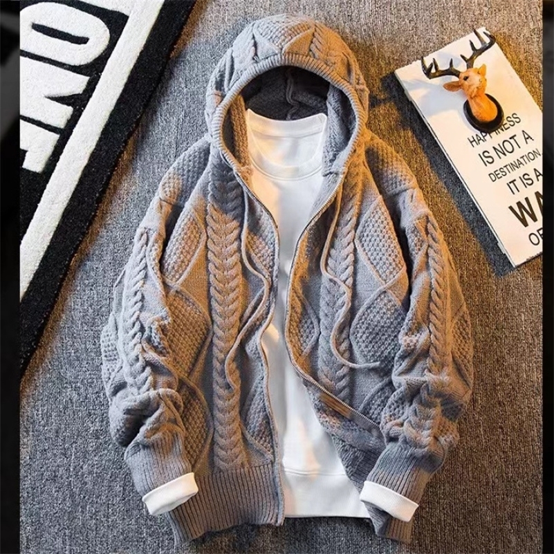 2023 Autumn and Winter Fashion Solid Color Mens Knitted Jacquard Loose Relaxed Long Sleeve Hooded Sweater Cardigan y240813