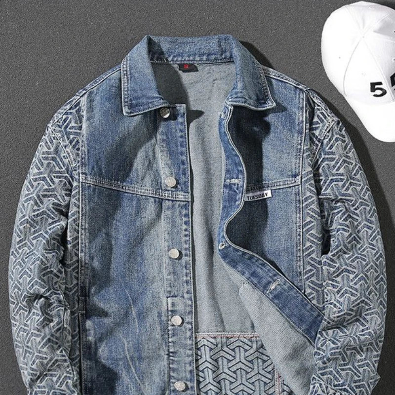 Mens Jean Coats Splicing Geometry Autumn Mens Denim Jacket Blue Wide Shoulder Clothing G Korean Original Low Price Fabric2413