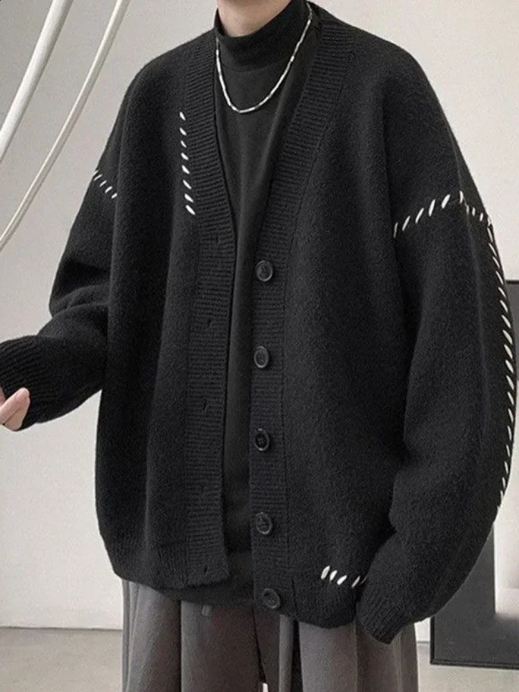 Mens clothing V-neck cardigan wool sweater white knitted mens patch work cute Japanese Harajuku fashion long sleeved 100% super suitable for Korea 2