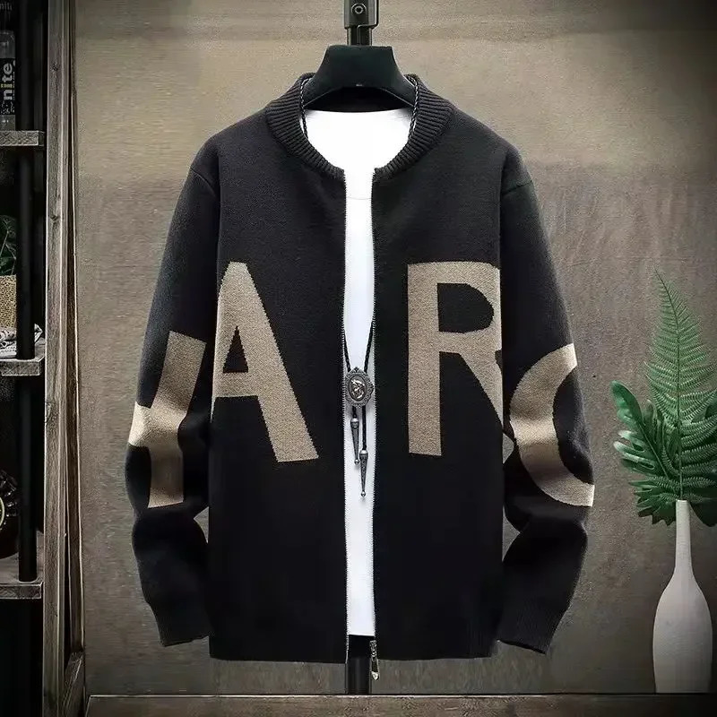 Mens Clothing Cardigan Knit Sweater Male Jacket Coat Zipper Letter Zip-up Black Comfortable Street Korean Fashion A Over Fit 240813