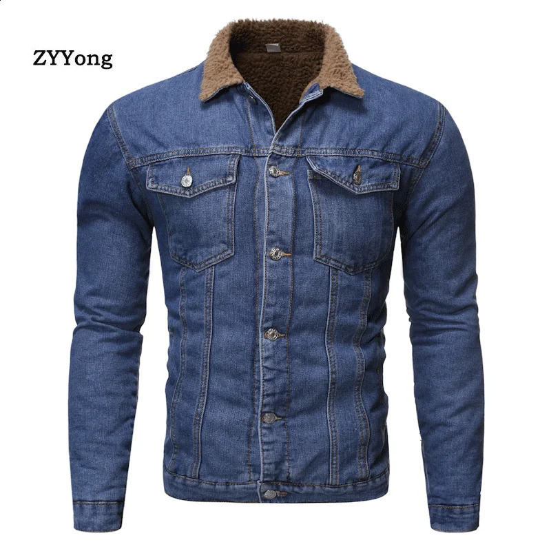 Mens light blue winter denim jacket warm denim jacket mens blue wool lining thick winter denim jacket size S-XXL240813