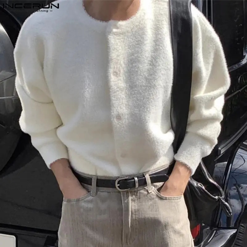 INCERUN Tops Korean Style Mens Solid O-neck Loose Pullover Fashion Simple Knitted Cardigan Long Sleeved Sweater S-5XL 240813