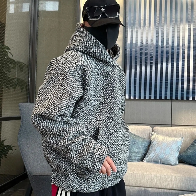Autumn Winter Tweed Woven Hooded Sweatshirt Mens Loose Casual High Street Pullovers Men Tops Hoodies Male Clothes y240813