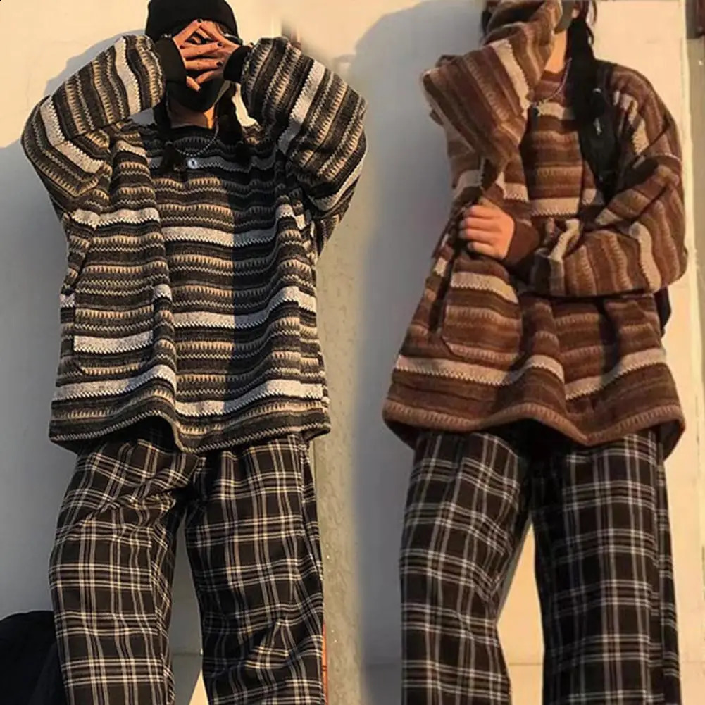 Mode coréenne chandails tricotés décontracté col en V rayure femmes hommes pull pull rétro pull Harajuku surdimensionné Couple chandails 240813